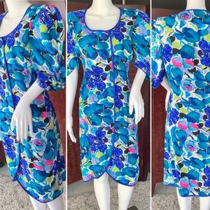 Vintage 80s Flora Kung New York grannycore bright floral silk midi dress size 10